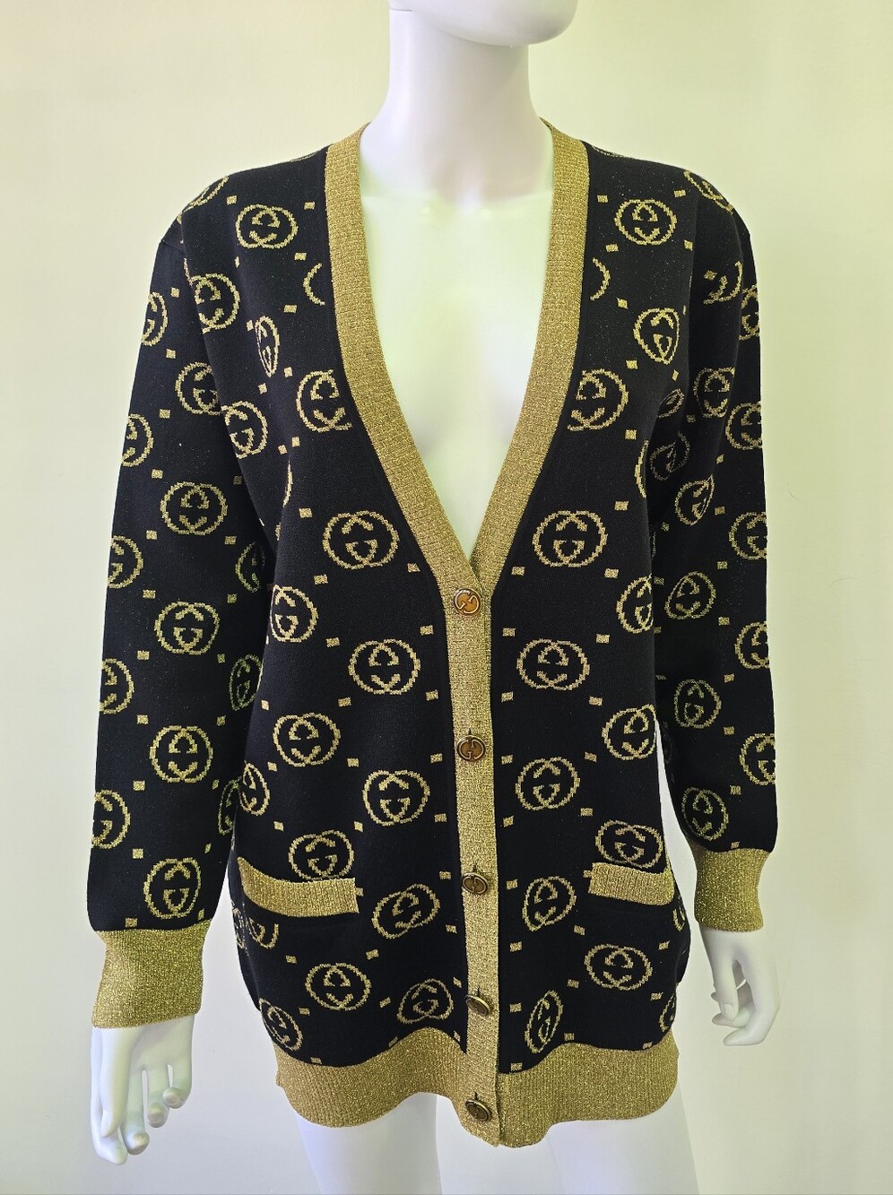 Gucci Lurex Knit Wool GG Button Front Cardigan